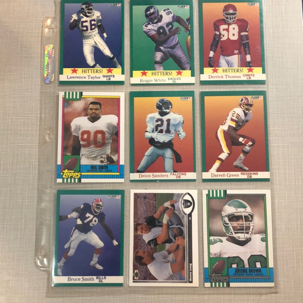 NFL football card set of nine Deion Sanders, Lawrence Taylor, Derrick, Thomas,